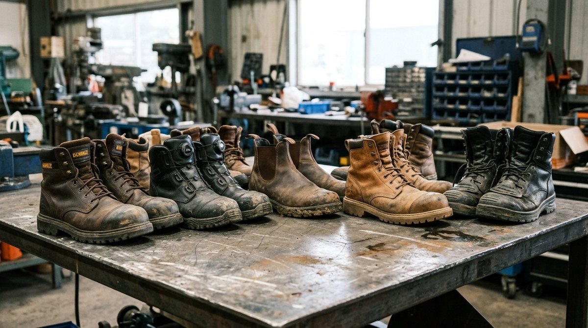 Comparativa de calzado de seguridad profesional mostrando diferentes características: punteras de acero, suelas antideslizantes y sistemas de cierre Diversos modelos de botas de seguridad industrial con punteras reforzadas sobre mesa de taller