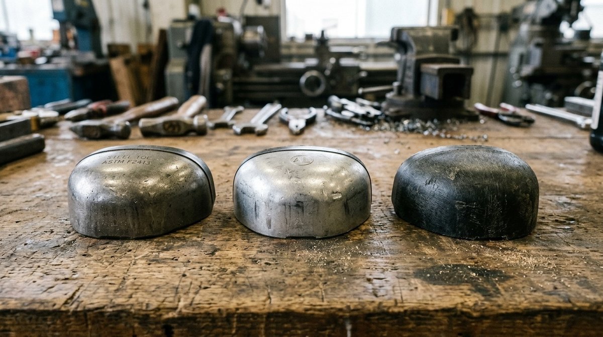 Comparación lado a lado de tres tipos de punteras protectoras para calzado de seguridad mostrando diferencias entre materiales metálicos y composite Comparativa de punteras de seguridad: acero, aluminio y composite en mesa de taller