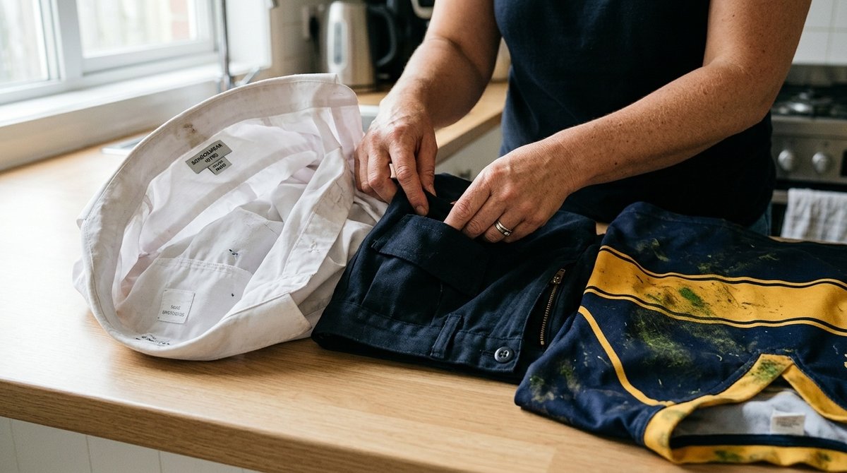 Detalle de uniformes escolares correctamente preparados para el lavado con técnicas de cuidado y conservación de prendas Preparación de uniformes escolares para lavar: camisa del revés y pantalones con cremalleras cerradas