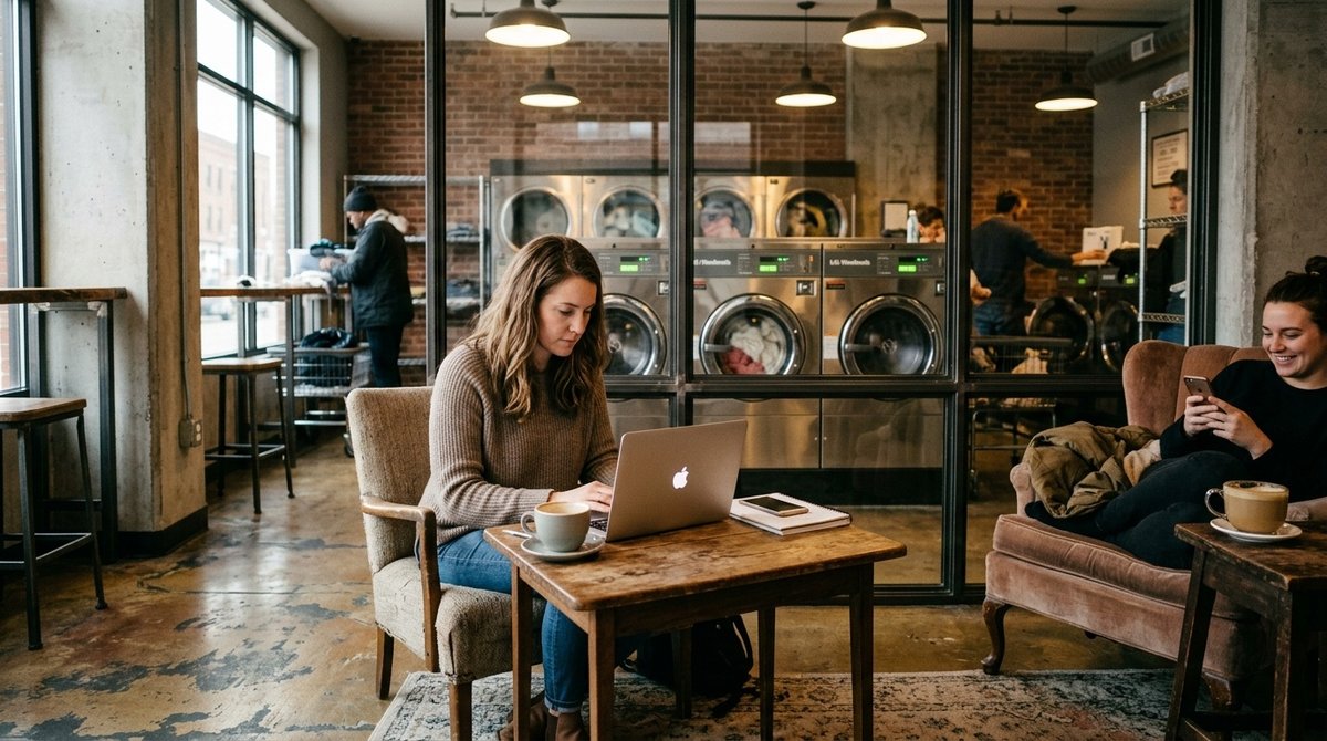 Área de espera climatizada y equipada en lavandería autoservicio donde clientes pueden trabajar o descansar durante el ciclo de lavado Zona de espera confortable en lavandería moderna con WiFi para trabajar mientras lavas