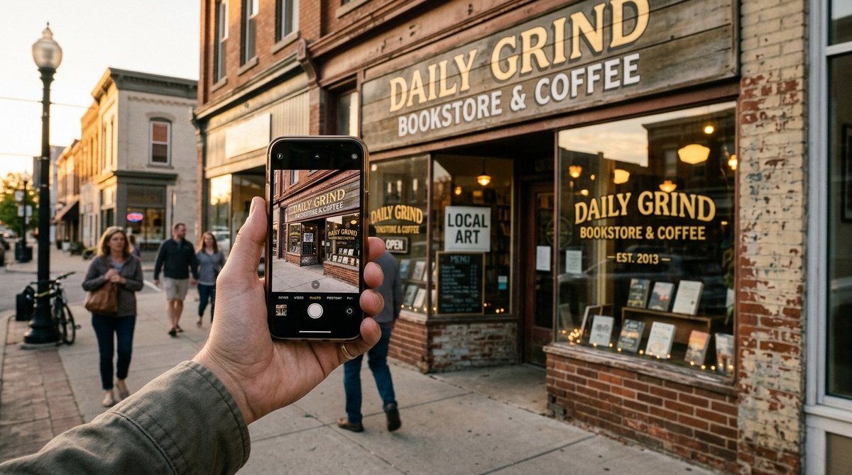 Conexión entre presencia digital y física: negocio local visible en Google Maps con reseñas y pin de ubicación verificado Smartphone mostrando ubicación de negocio local en Google Maps frente a comercio real