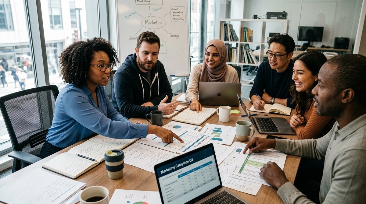 Profesionales del marketing digital colaborando en estrategias modernas de SEO y optimización para buscadores Equipo de SEO planificando estrategias GEO, AEO y E-E-A-T en reunión