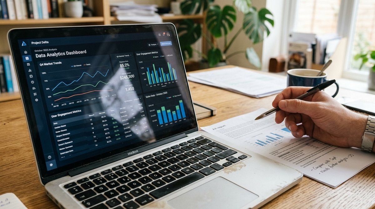 Análisis técnico SEO profesional con informe de auditoría, métricas de rendimiento del sitio y anotaciones de optimización manual Auditoría SEO técnica en laptop mostrando métricas de velocidad, errores de rastreo y análisis detallado