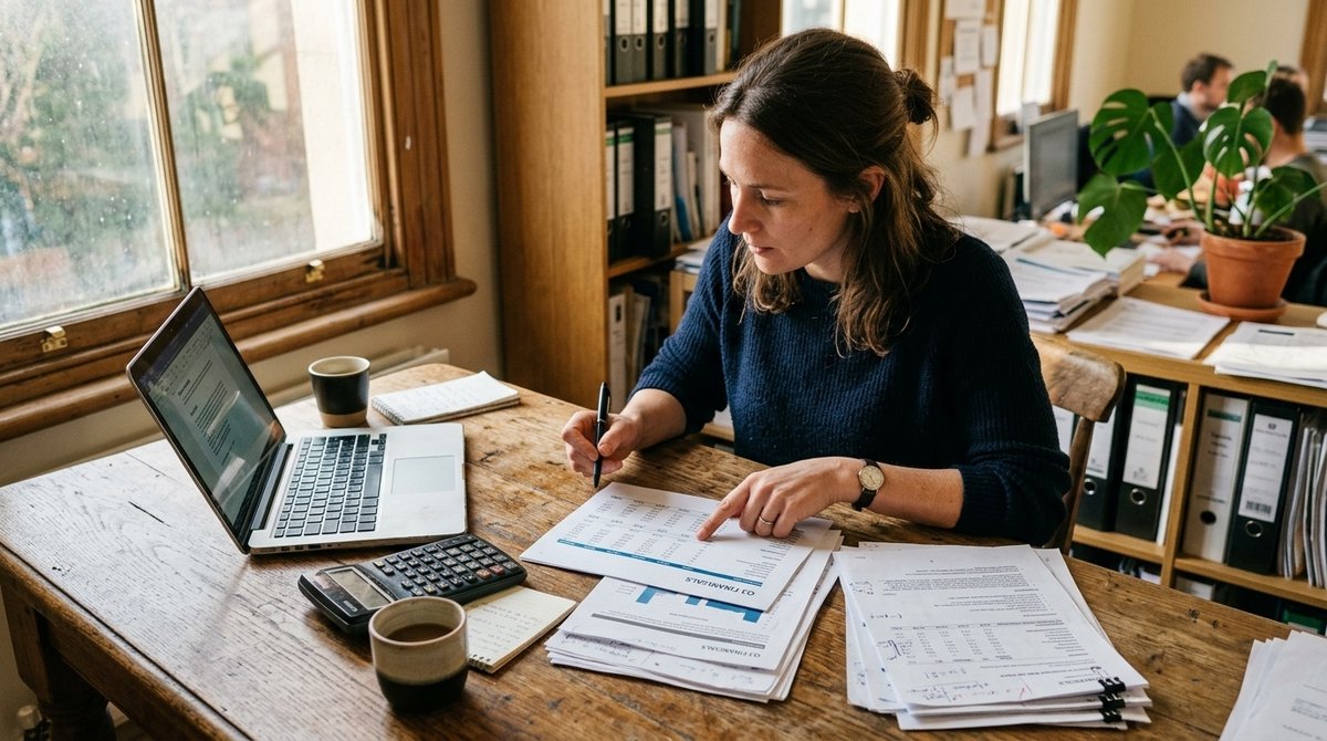 Pequeño empresario analizando opciones de precios y mockups de sitio web con documentos impresos y calculadora Emprendedor revisando paquetes de diseño web y tarifas sobre mesa de trabajo