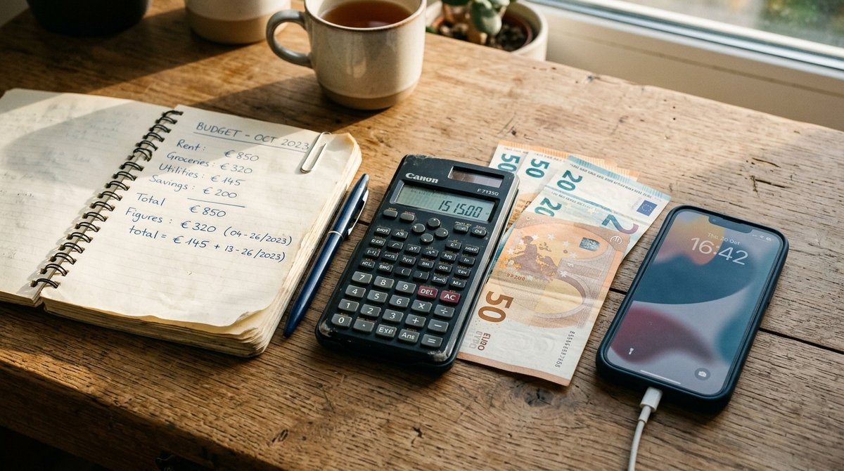 Planificación financiera y optimización de presupuesto para inversión en plataformas de marketing digital Cuaderno con cálculos de presupuesto para herramientas SEO junto a calculadora