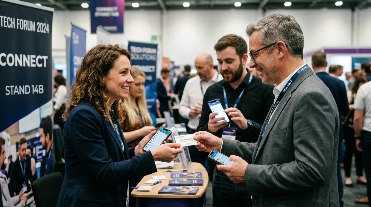 Profesionales intercambiando contactos digitales con códigos QR en feria comercial regional de Extremadura Empresarios usando QR y smartphones en evento networking Extremadura
