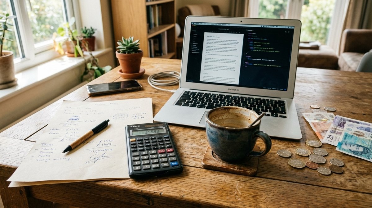 Escritorio con presupuesto impreso, calculadora y portátil para comparar el coste de una web con IA y WordPress