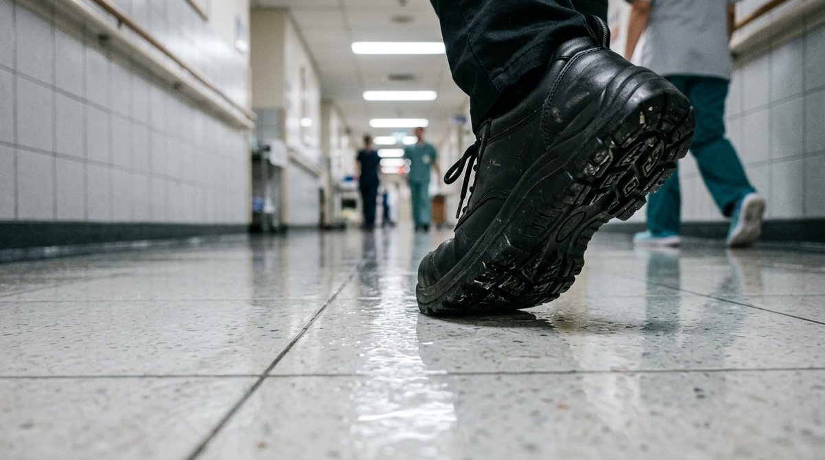 Calzado de seguridad certificado SRC en acción sobre superficie mojada mostrando tracción y patrón de dibujo antideslizante en entorno sanitario Zapatos de seguridad con suela antideslizante SRC sobre suelo húmedo de hospital