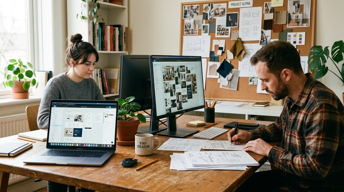 Integración equilibrada entre asistente IA y diseñador profesional trabajando en personalización de sitio WordPress Espacio de trabajo mostrando colaboración entre IA y diseñador web en desarrollo WordPress