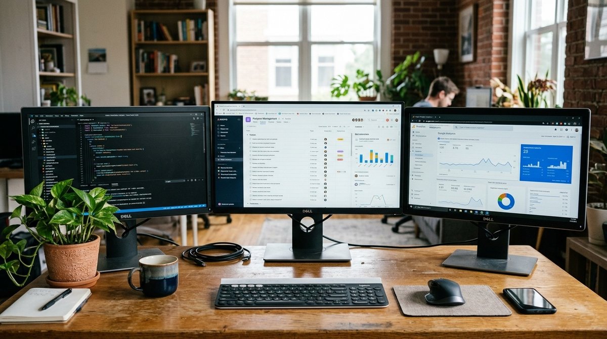 Tres monitores comparando las principales plataformas de comercio electrónico: Shopify, WooCommerce y Magento con sus paneles de administración Comparativa de plataformas ecommerce: pantallas mostrando interfaces de Shopify, WooCommerce y Magento