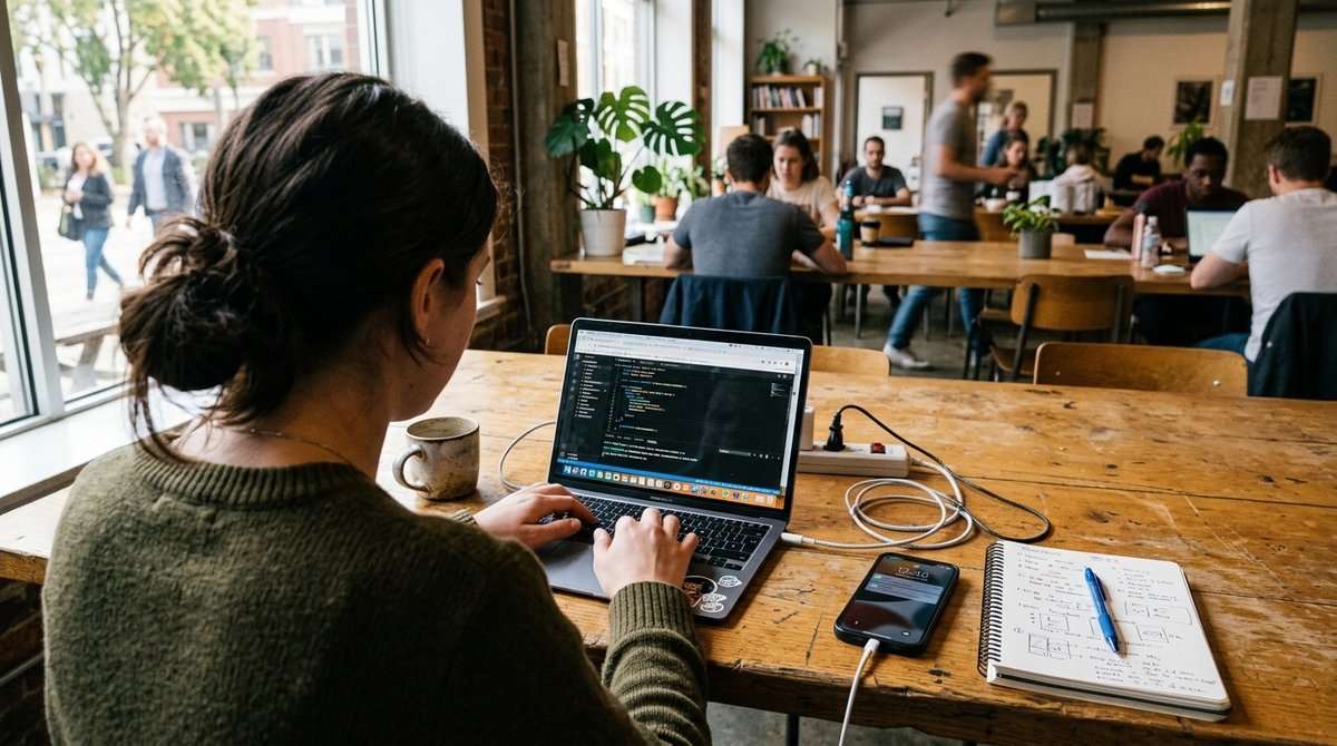 Profesional trabajando en el diseño web adaptable a móvil y escritorio con un smartphone sobre la mesa