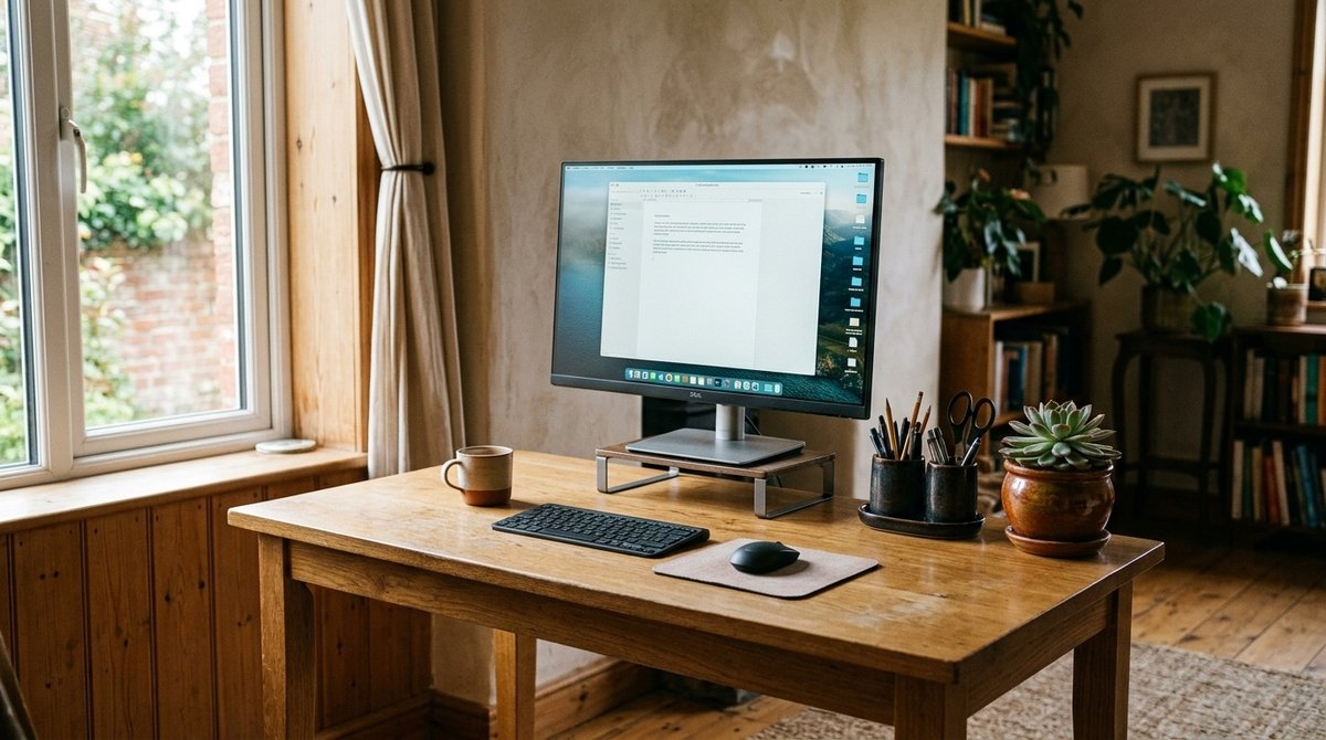 Espacio de trabajo con mockup de landing page estratégica y bocetos de diseño web orientado a objetivos comerciales Oficina minimalista con monitor mostrando diseño web enfocado en conversiones