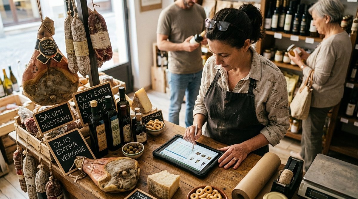 Comerciante extremeño analizando resultados de campaña digital mientras gestiona productos tradicionales en tienda local Dueño de negocio revisando estrategia marketing digital con productos ibéricos Extremadura