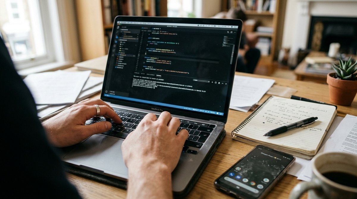 Proceso de investigación de keywords usando Google Keyword Planner con datos de volumen de búsqueda y métricas de competencia Manos realizando investigación de palabras clave con Google Keyword Planner y hojas de cálculo