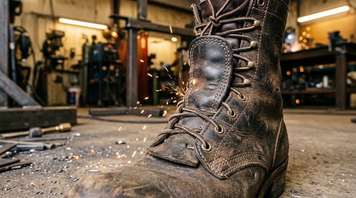 Closeup de bota de seguridad con lengüeta protectora y cuero ignífugo resistente al calor demostrando barrera térmica contra chispas de soldadura Lengüeta reforzada de bota de soldador bloqueando chispas de metal en taller industrial