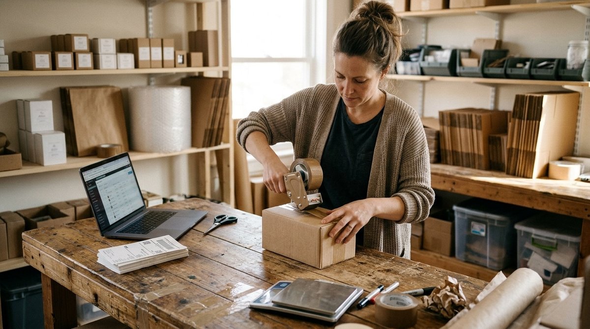 Propietaria de una pequeña tienda online preparando un envío mientras gestiona su WooCommerce: la lentitud de la tienda afecta al negocio del día a día Dueña de una tienda online empaquetando un pedido junto a un portátil con el panel de administración de WooCommerce