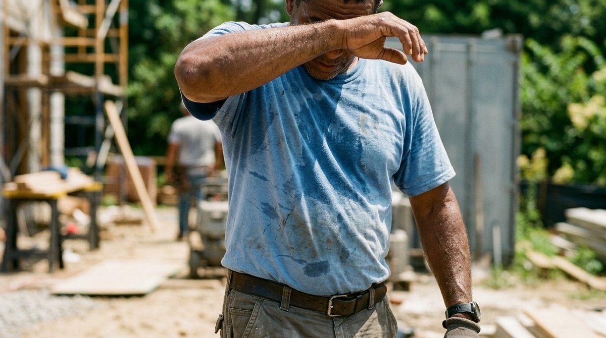 Camisa de trabajo de algodón absorbiendo sudor durante trabajo intenso en condiciones de calor - capacidad de transpiración Trabajador con camisa de algodón transpirable sudando en jornada laboral bajo el sol