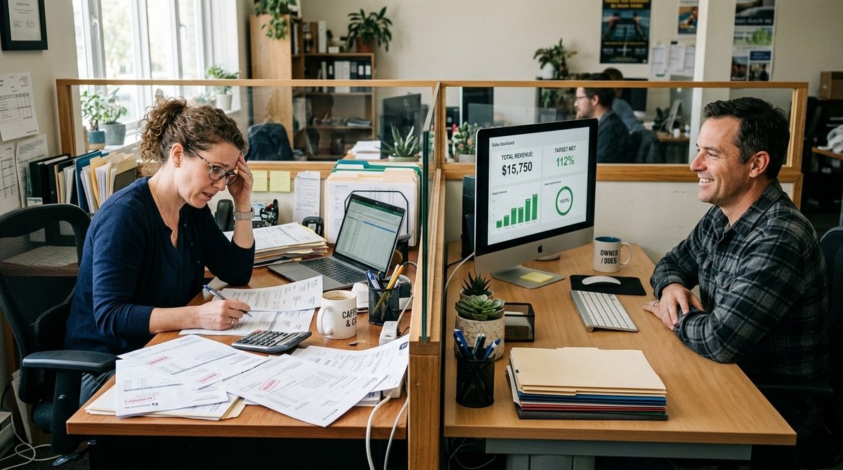Contraste entre empresario estresado por costos SEM y propietario satisfecho con crecimiento orgánico SEO sostenible Comparación estrés publicidad pagada vs satisfacción resultados SEO orgánico