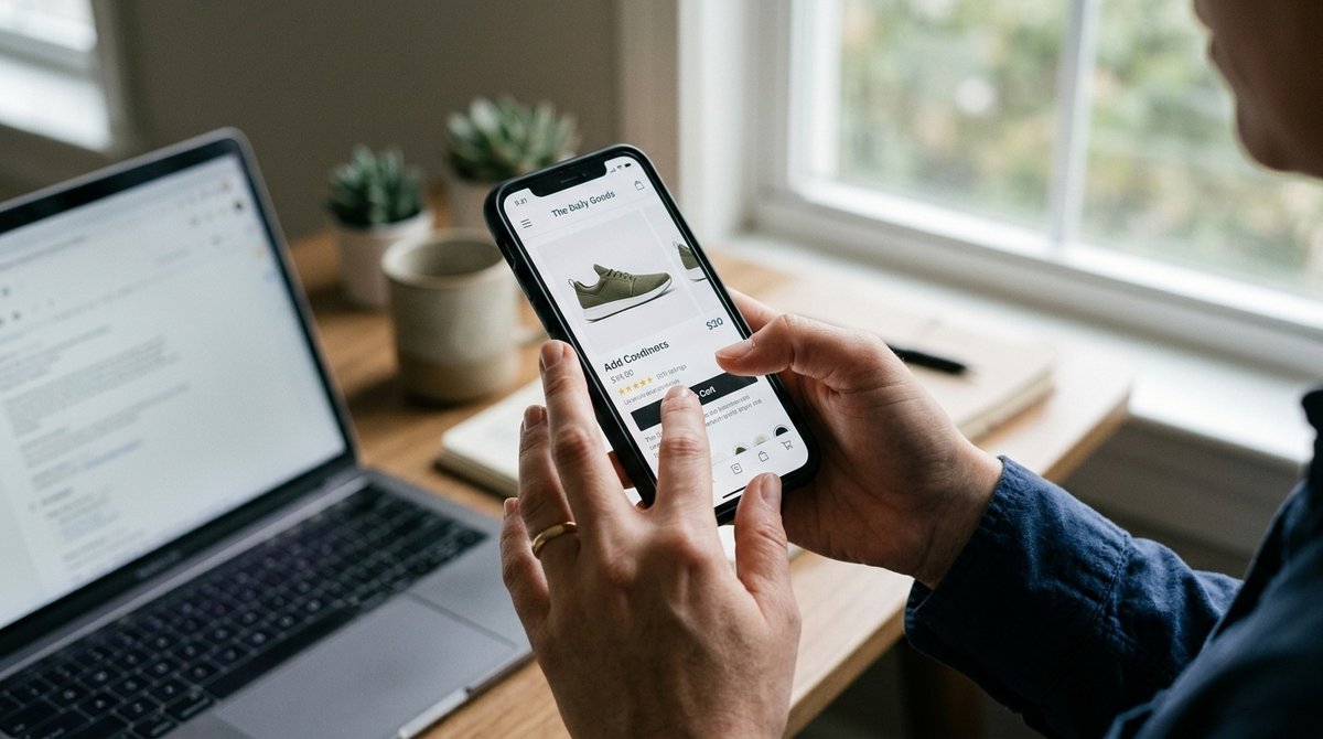 Gestión de social commerce: teléfono con Instagram Shopping y campañas publicitarias en Facebook Ads Manager para ecommerce Smartphone mostrando interfaz de Instagram Shopping con laptop ejecutando Facebook Ads en segundo plano