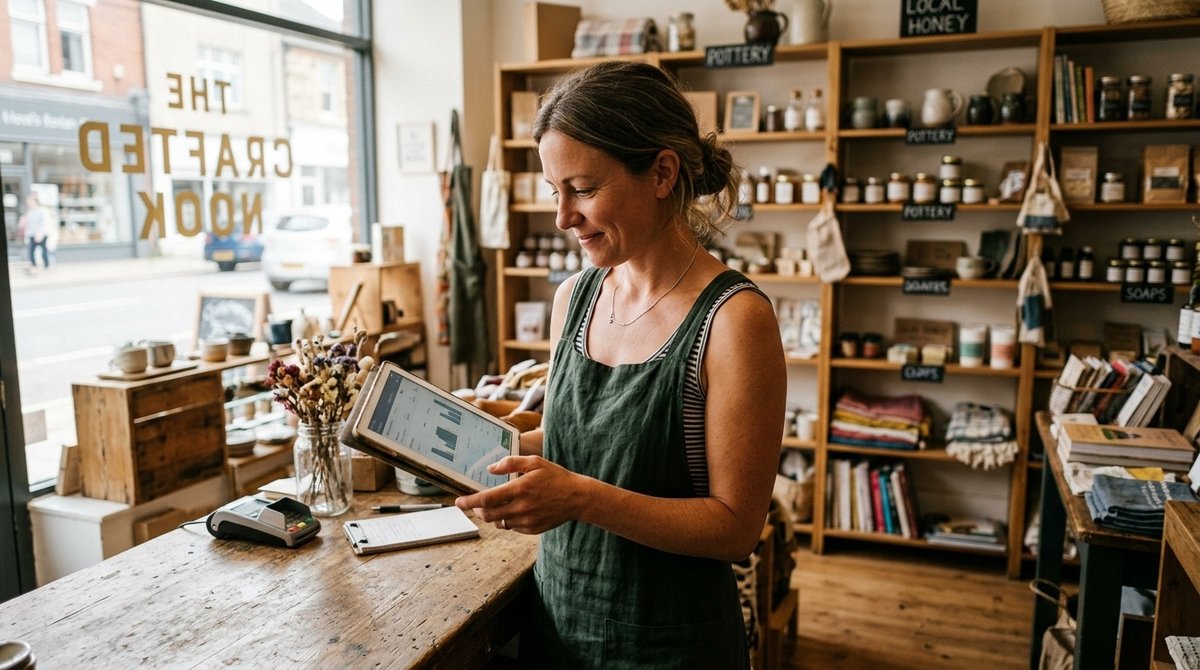 Pequeño empresario gestionando presencia digital profesional y reseñas de clientes en su página web desde el negocio físico Dueño de negocio revisando tienda online profesional en tablet desde su local
