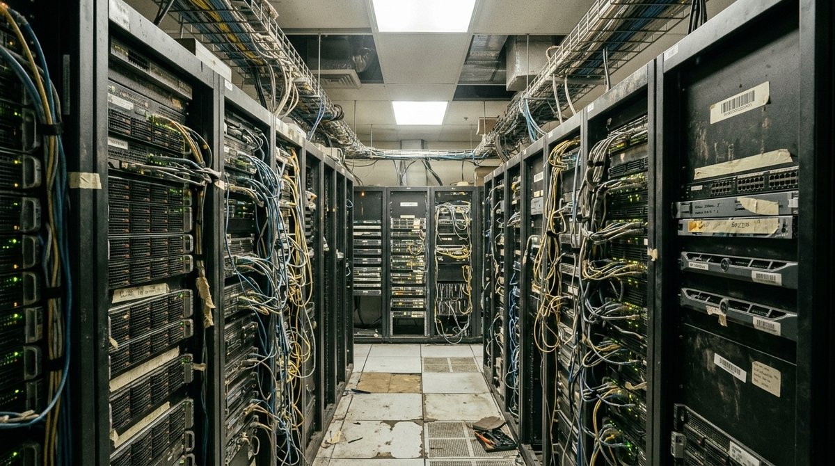 Sala de servidores con racks y cableado de red: el hosting, los discos NVMe, la CPU y OPcache influyen directamente en la velocidad de WordPress Pasillo de un centro de datos con racks de servidores y luces LED, representando el hosting para WordPress rápido