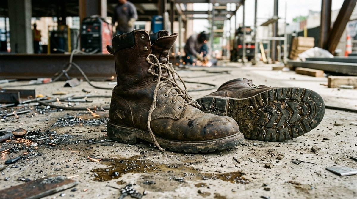 Calzado de seguridad para soldadura en condiciones reales de trabajo mostrando suela antideslizante sobre superficie con virutas metálicas y derrames Botas de soldador en uso sobre suelo industrial con residuos metálicos y aceite en obra